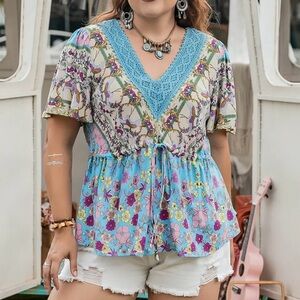 Light Blue Ruched Lace Detail Pink Floral Birds V-Neck Short Sleeve Blouse